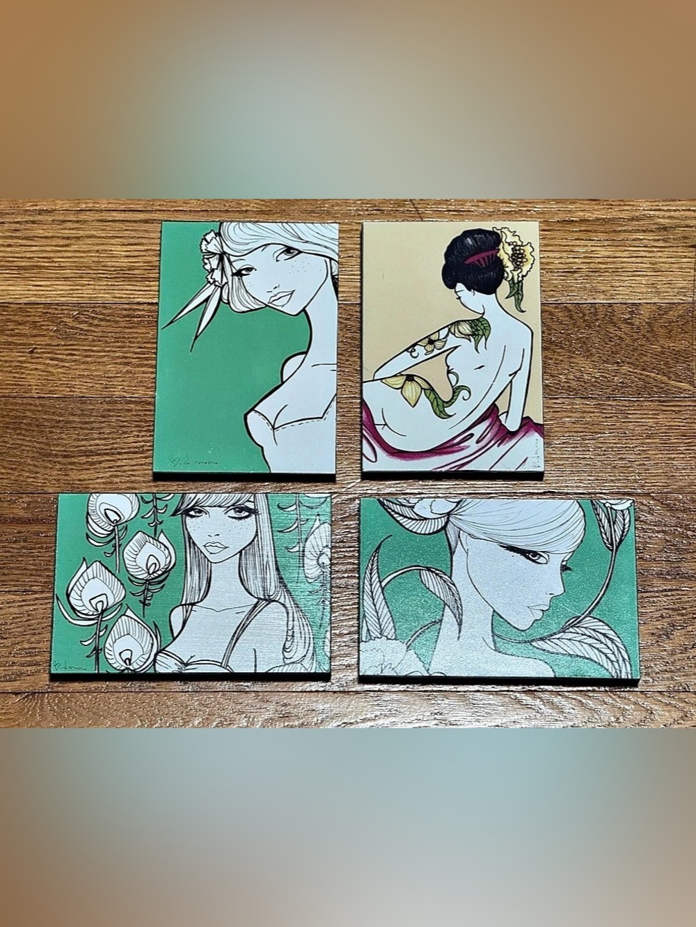 (4) Signed Brenda Dunn Wood Art Blocks Vintage Pop Art Pinup Northwest 2010ish